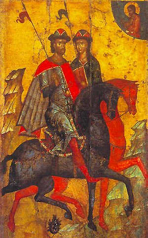 Святые Борис и Глеб. Икона из Успенского собора Московского Кремля. 1340 г. (ГТГ)
